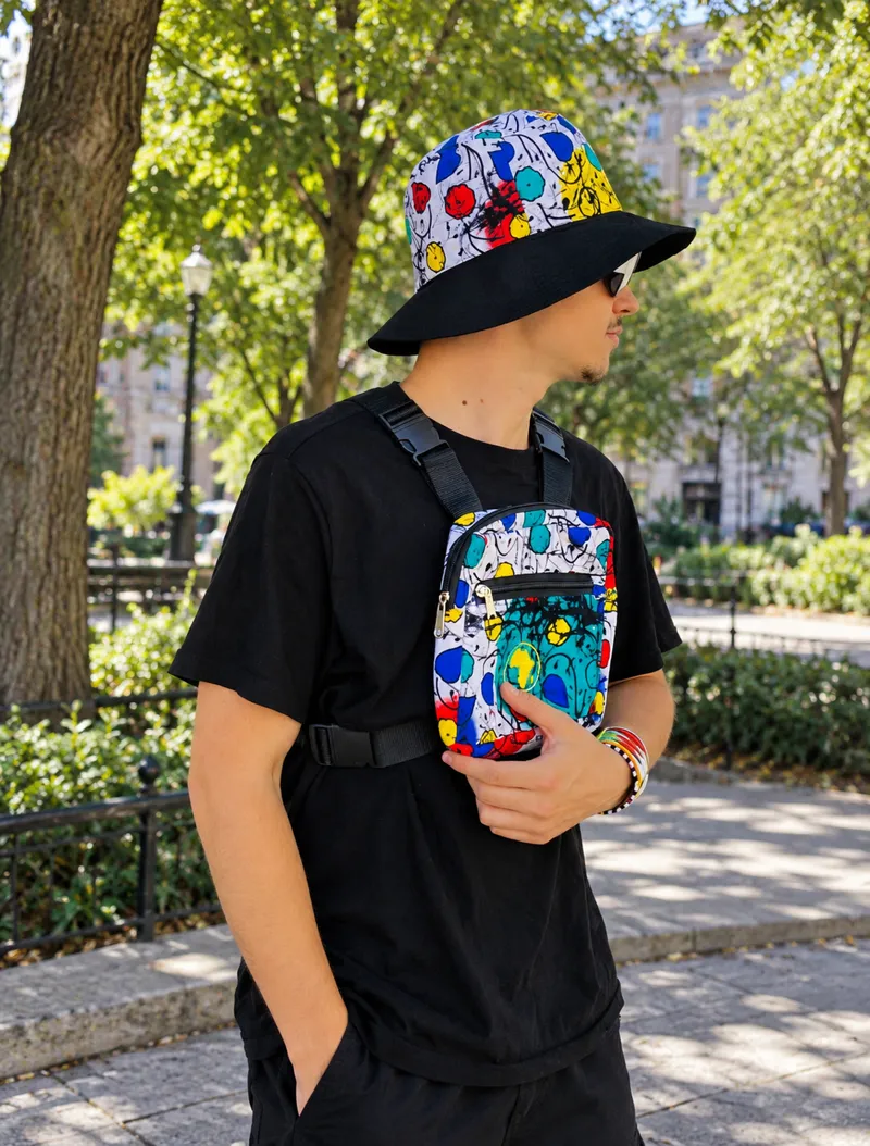 Customer wearing a black print bucket hat and matching shoulder bag in a green park