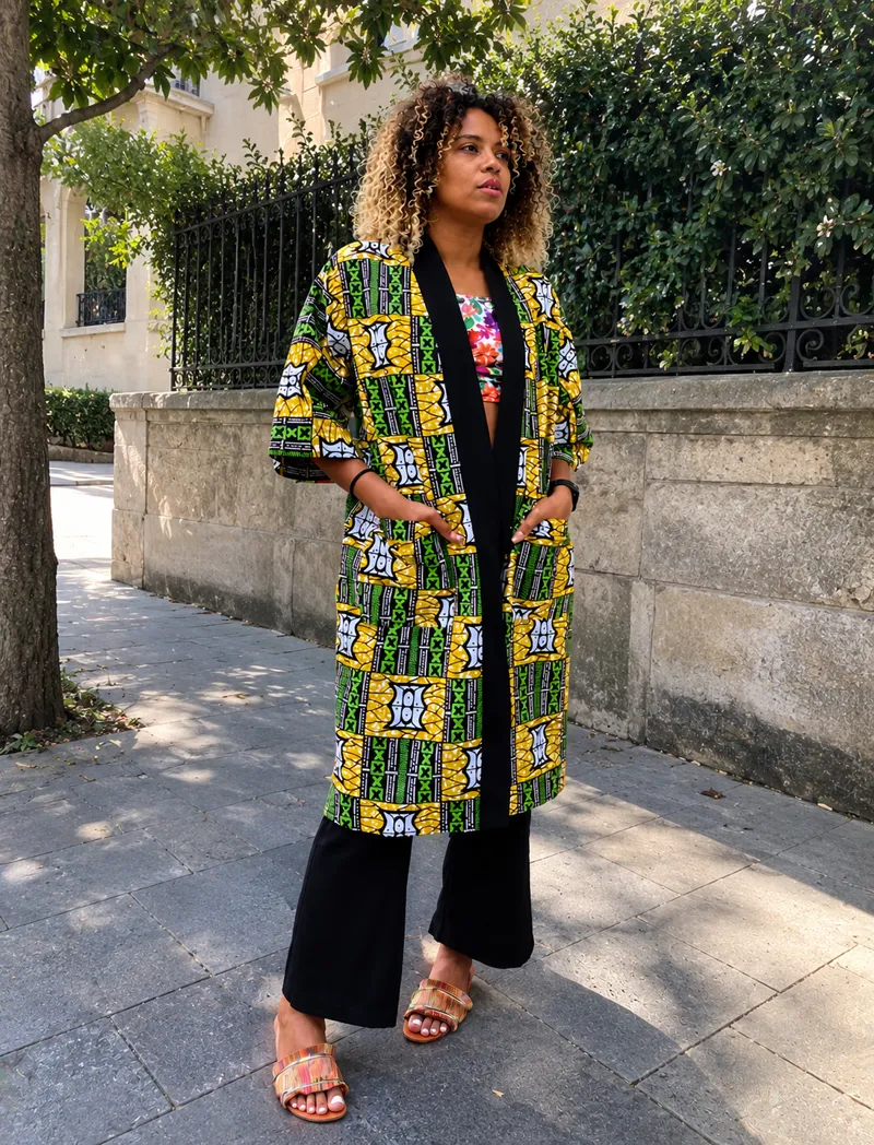 Customer in a long yellow and green print coat on a sunlit residential street
