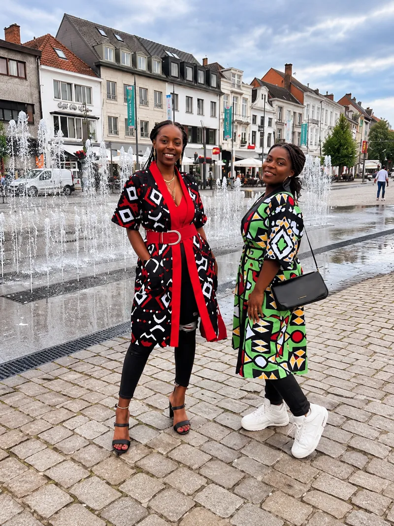 Two customers in printed kimono dresses standing by a fountain on a Belgian town square